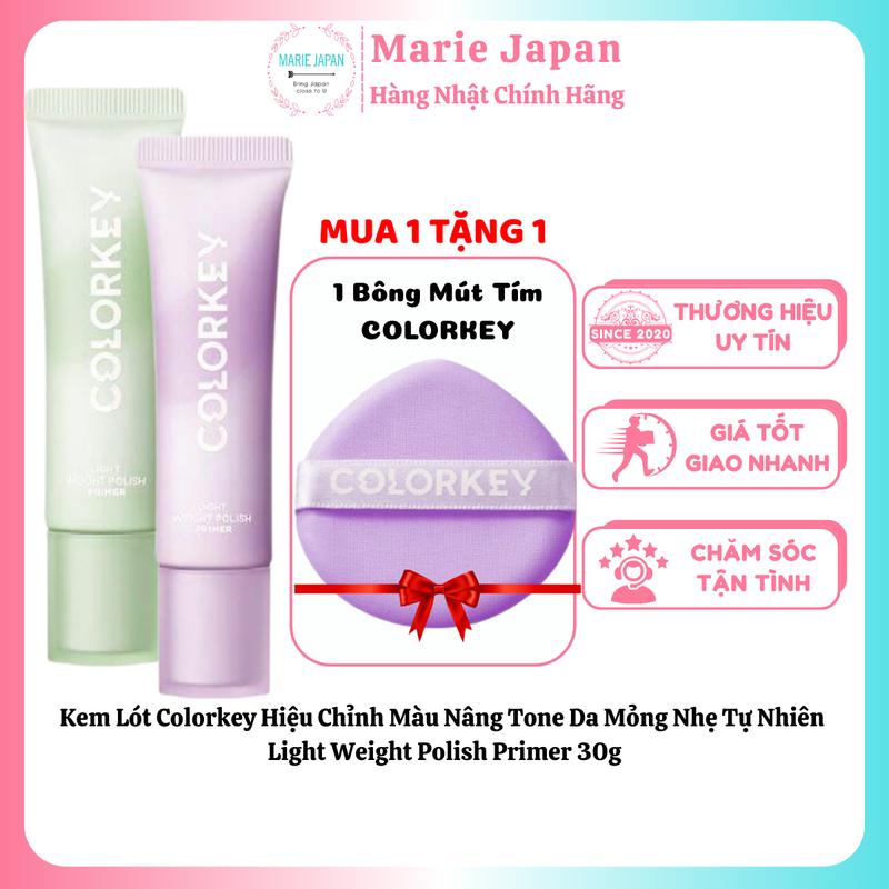 Kem Lót Colorkey Hiệu Chỉnh Màu Nâng Tone Da Mỏng Nhẹ Tự Nhiên Light Weight Polish Primer 30g - TẶNG BÔNG 1 MÚT TÍM