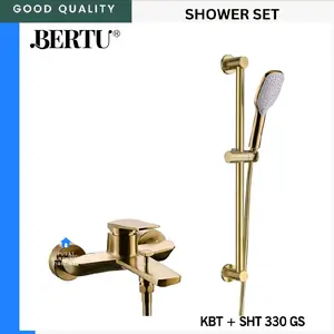 KRAN AIR MIXER KERAN BATHTUB PANAS DINGIN WITH SLIDING RAIL SHOWER SET TIANG HANDSHOWER MANDI HAND SHOWER KEPALA GENGGAM POLE BAR SATINE BRUSHED GOLD EMAS DOFF BAHAN STAINLESS STEEL SUS 304 BERTU 330 GS
