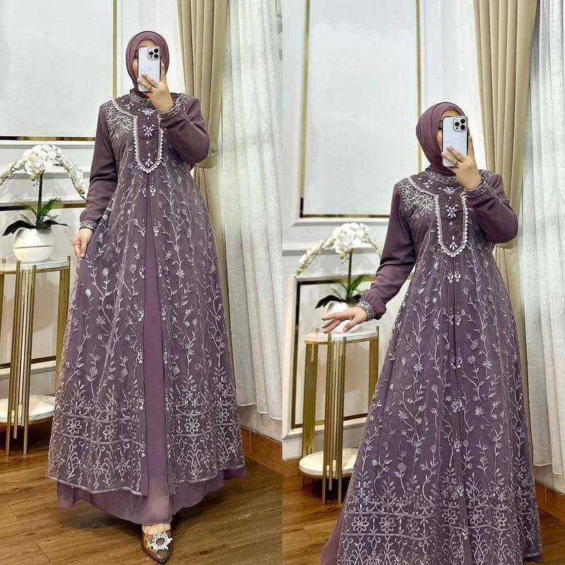 Product Introduction of Gamis Maudy Brukat Burgundy Viral 2025 Dress Terbaru Wanita Ceruty Babydoll Kombinai Brukat Cantik 3