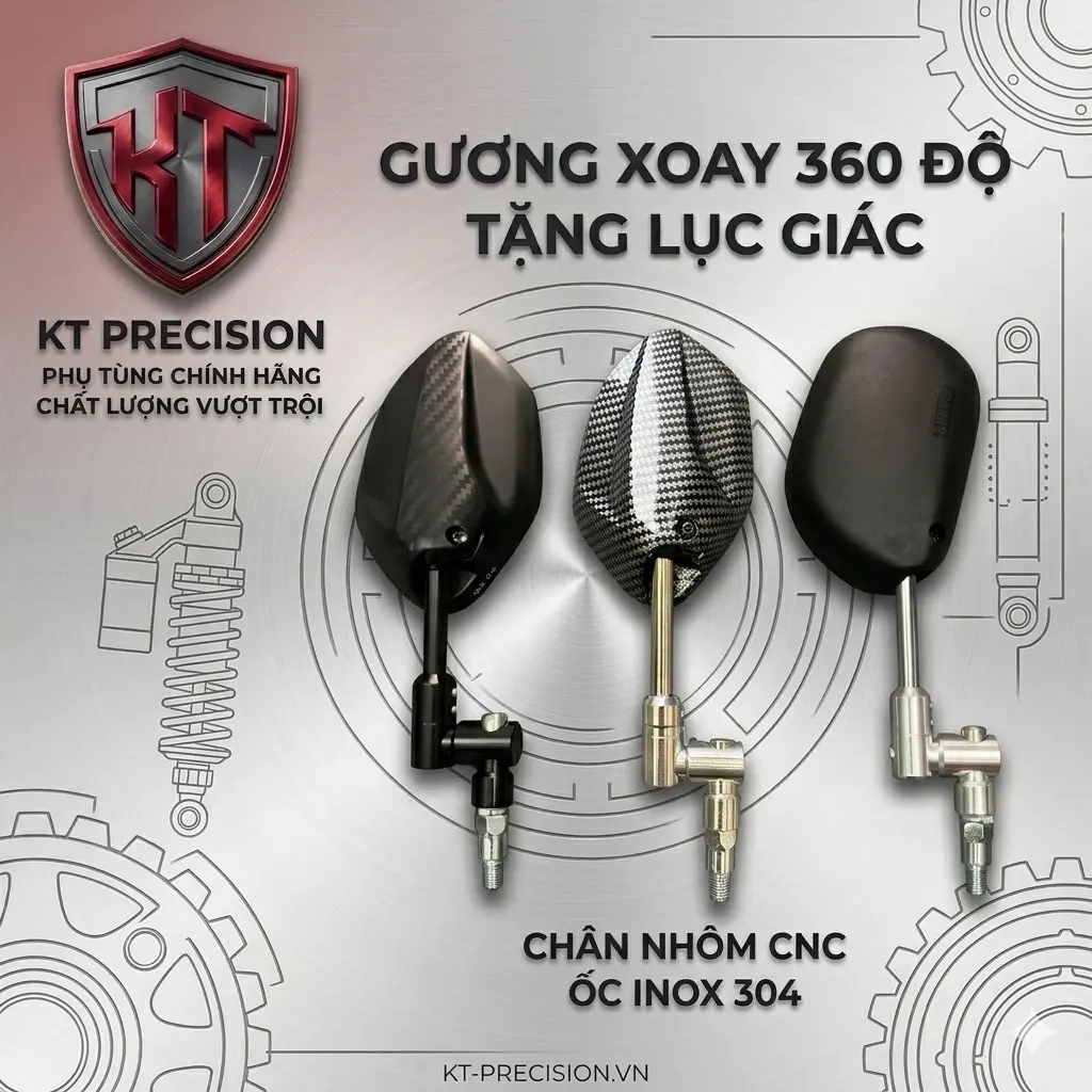 Kính soay 360 độ nhôm cnc trục soay inox 304  ( tặng lục giác + chân nối ) ( HƯỚNG DẪN GẮN , nhớ tháo bỏ chân nối của cây kính zin gắn trực tiếp vào xe hoặc đọc mô tả sản phẩm )