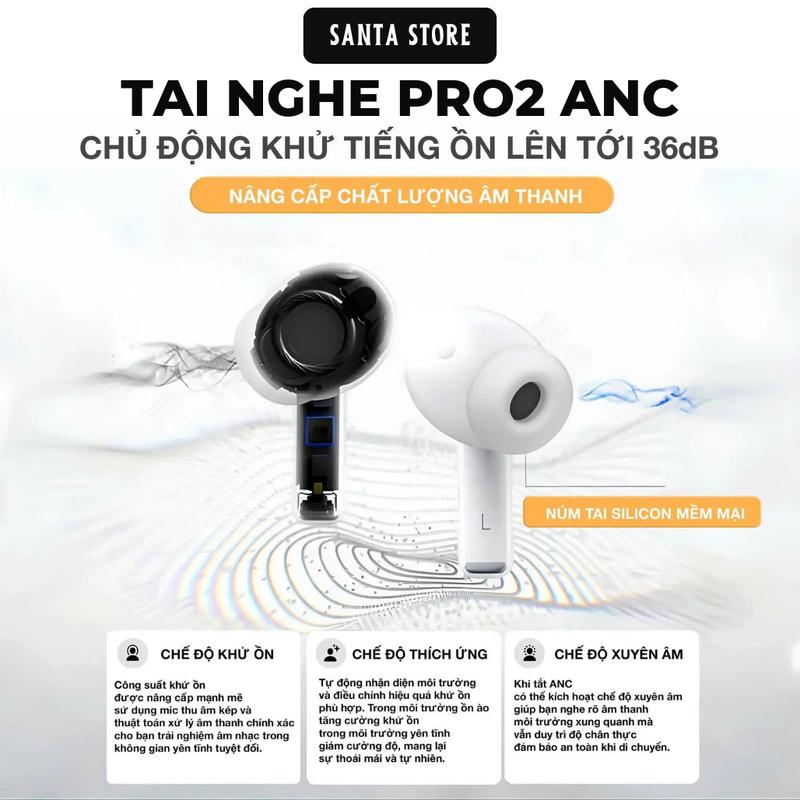 Tai Nghe Bluetooth PRO2 SANTA ANC, Tặng Ốp, Cáp Sạc, Chống Ồn, Vuốt Tăng Giảm…