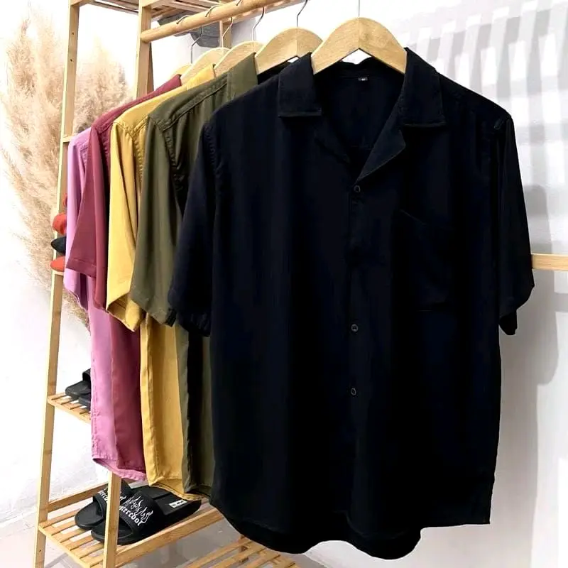 Baju Pantai Kemeja Polos Haway Kerah Piyama Bahan Katun Rayon korean Style Termurah 1