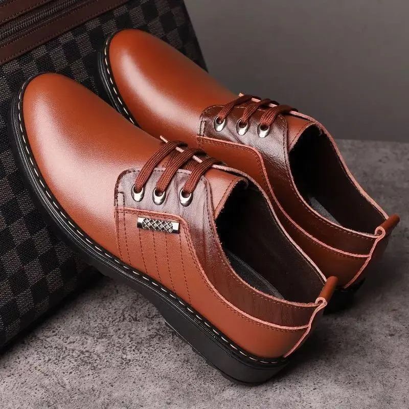 Sepatu Kulit Sintetis Premium, Sepatu Pria Versi Korea, Sepatu Pria Bertali Coklat Hitam Musim Semi