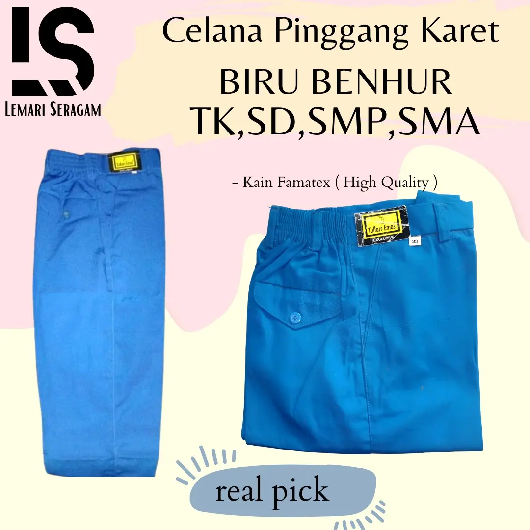 Seragam Sekolah Celana Panjang Pinggang Karet Biru Benhur untuk TK,SD,SMP,SMA Anak