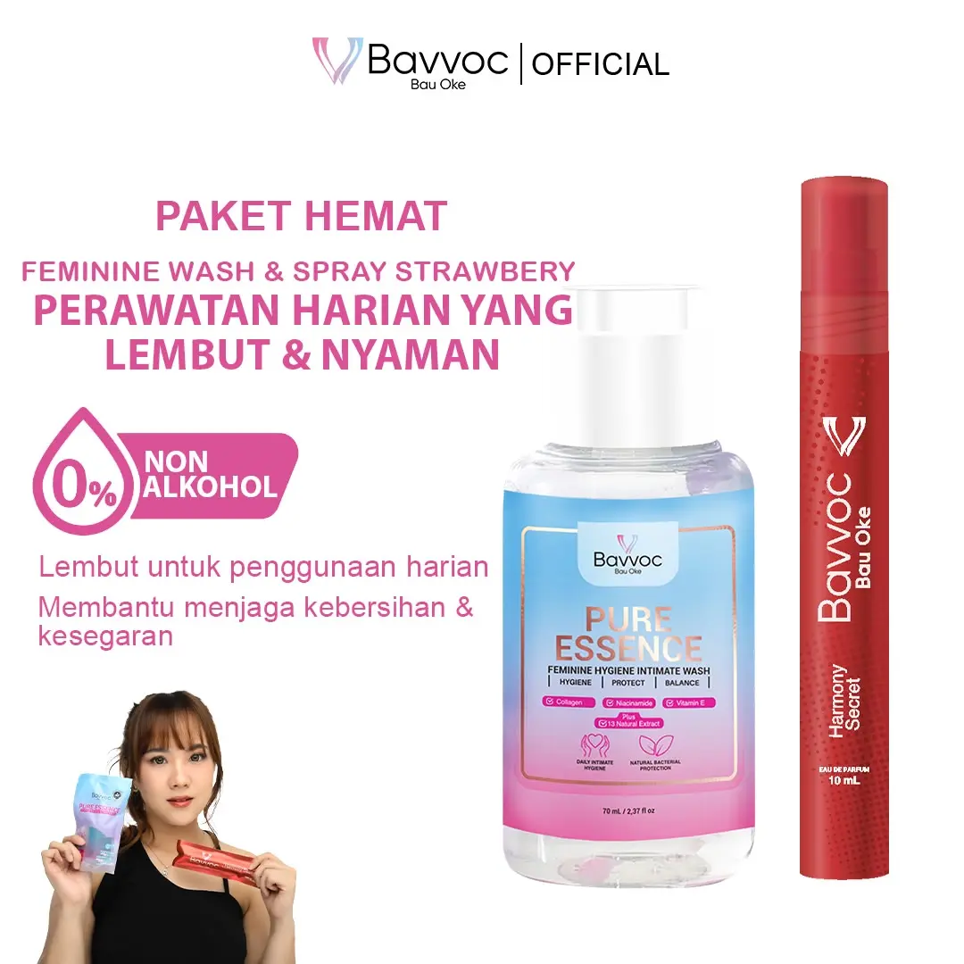 [2in1] BAVVOC Paket Pembersih Kewanitaan Feminine Hygiene Wash Sabun  Extract Propolis Manjakani &  Spray Wanita Non Alkohol Wangi Strawberry