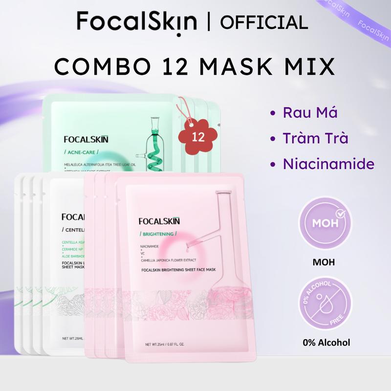  【COMBO 12 MIẾNG FOCALSKIN Mặt nạ Rau má Hàn Quốc 4 miếng + Mặt nạ BrightBalance 4 miếng + Mặt nạ Tràm trà Úc 4 miếng giúp cấp ẩm dịu da mềm mịn 25ml | Làm Đẹp Da Nữ Skincare Dưỡng Ẩm Da Cosmetics Đắp Mặt 