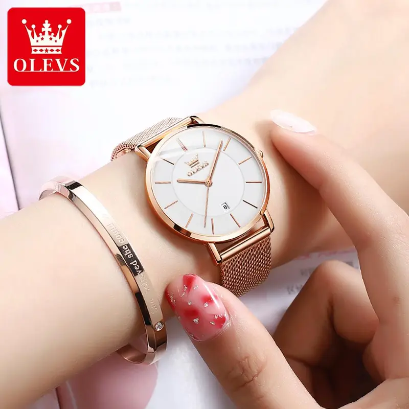 OLEVS Jam Tangan Wanita Original Anti Air Cewek Branded Elegan Analog  Milanese Strap Rose Gold putih-emas mawar