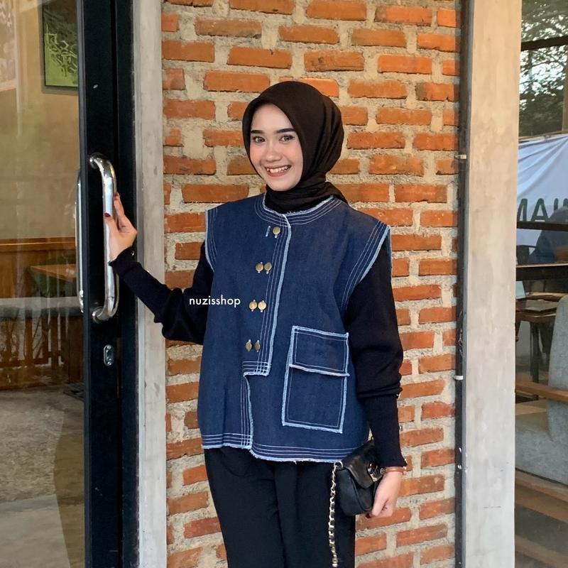 NUZI - Haein Vest Jeans Premium Kemeja Rompi Outer Wanita Atasan Oversized Woman Import Korean Style Shirt Stripe Sleveless 3