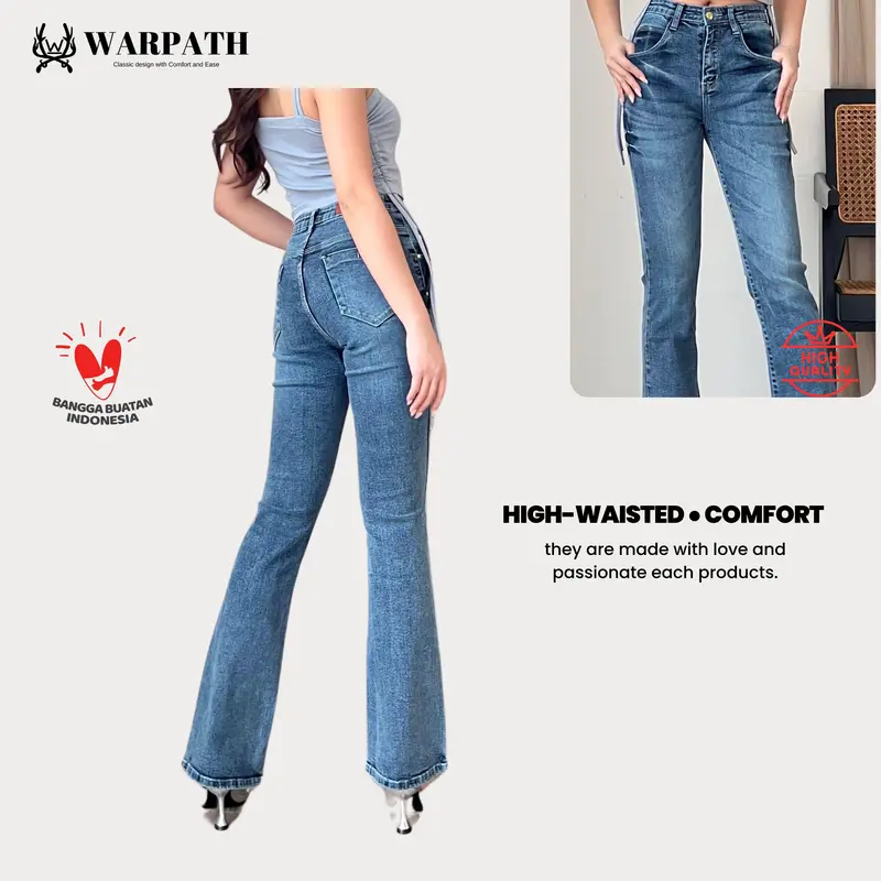WARPATH - Cutbray Wide Leg High Waist Flare Jeans Stretch Wanita Panjang Celana Cewek Denim STRETCHBOOT 9184 1