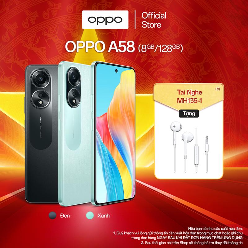 Điện Thoại OPPO A58 (8GB/128GB) | Màn Hình 6.72" FHD+ Siêu Sáng | Chip Helio G85 | Camera AI 50MP | Pin 5000mAh | Sạc Nhanh 33W | Bảo Hành 1 Năm | Tặng Kèm Tai Nghe MH135-1 | Hàng Chính Hãng