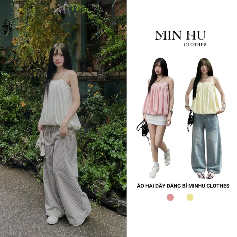 Áo Bí 2 Dây Minhu Clothes, Áo Hai Dây Dáng Bí Chất Gió Sần Mềm Mát Đi Chơi Đi Biển Siêu Xinh, Dây Áo Có Thể Điều Chỉnh