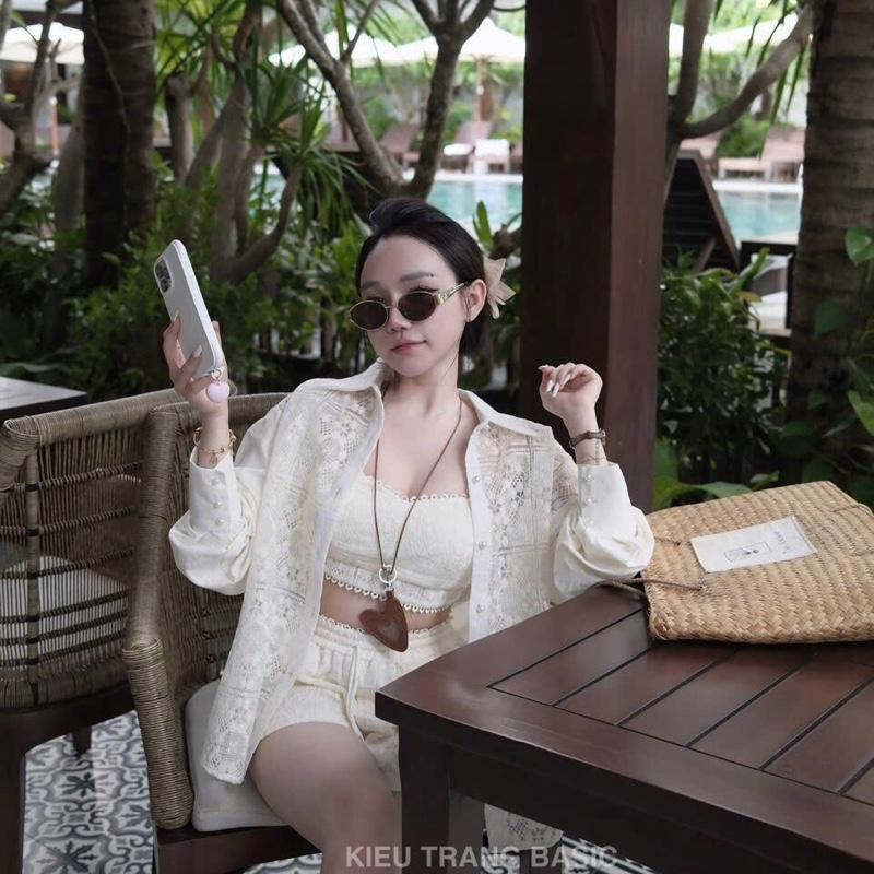 [TẶNG BRA] set áo sơ mi dài tay phối ren  kèm quần đùi viền ren xinh tươi năng động 3278