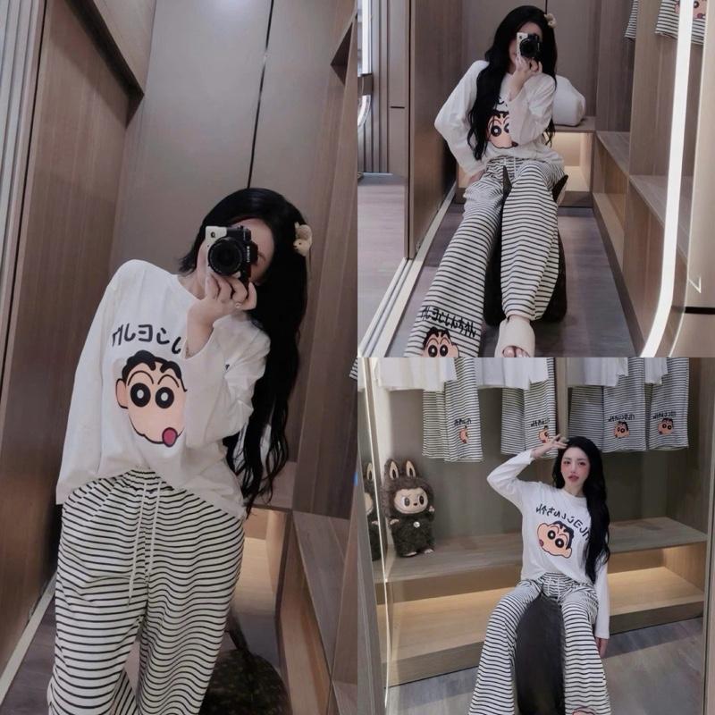  A10- set tay dài cổ tròn in hoạt hình shin Bút chì kèm quần suông sọc dài cho Nữ 