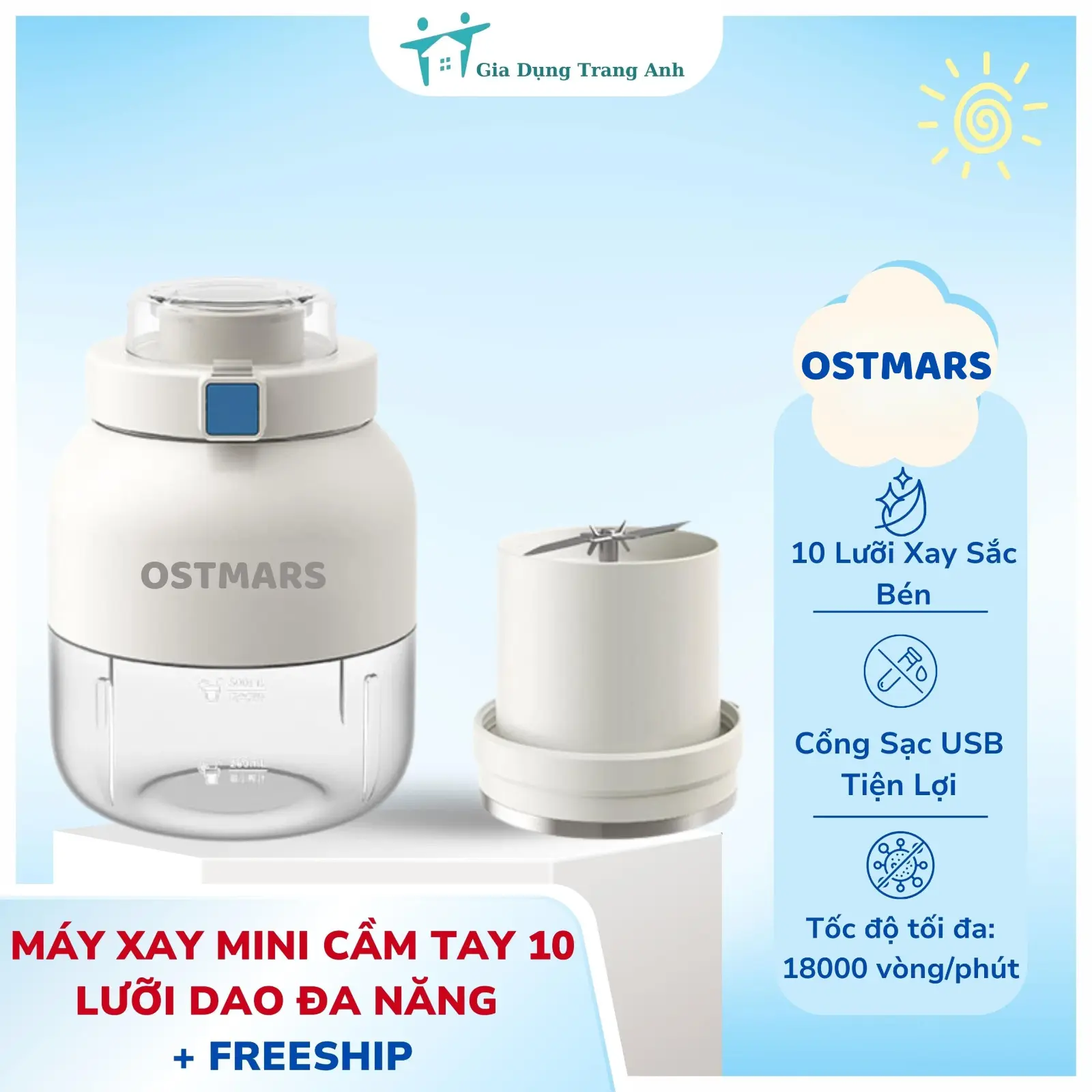 OSTMARS Máy Xay Cầm Tay Mini 10 Lưỡi Dao Đa Năng Sạc Tích Điện Pin USB Nhỏ Gọn, Dung Tích 500ml, Thay Nắp Cắm Ống Hút Tiện Lợi Cho Du Lịch & Công Sở