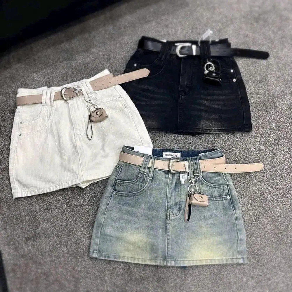 Chân váy jean nữ phom ngắn chữ A viền trơn chất Demin cotton Women Nhung  Voi Khuy dày Mịn có lót bảo vệ M02