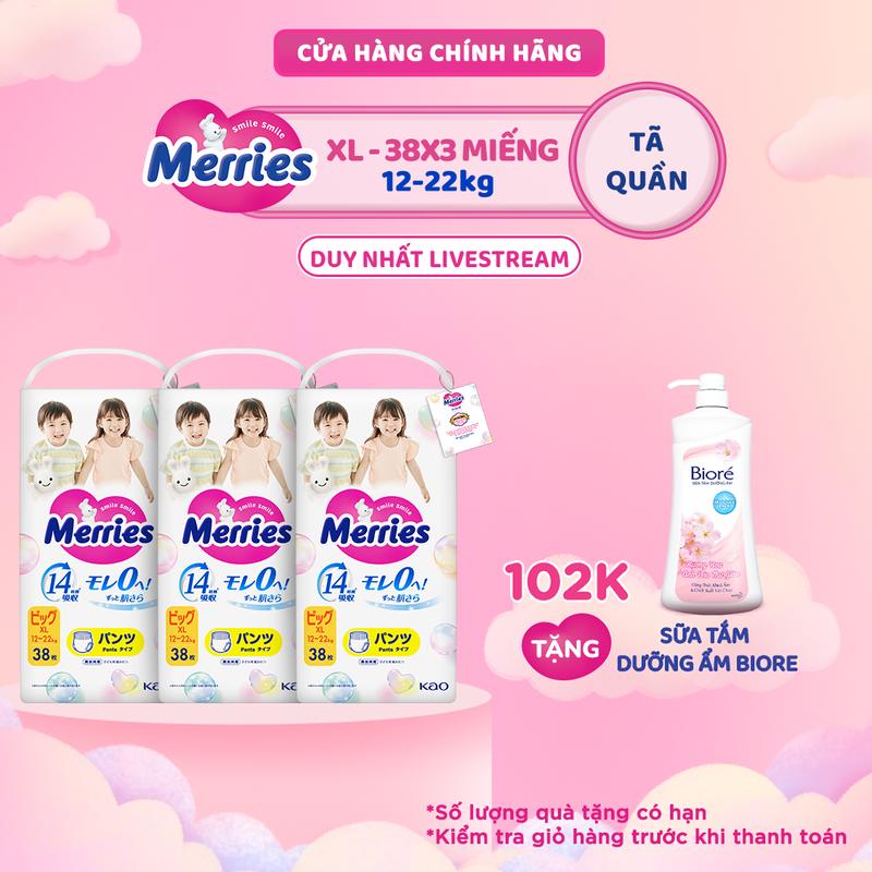 Combo 3 Tã/bỉm quần Merries Đủ Size M52/L44/XL38/XXL24