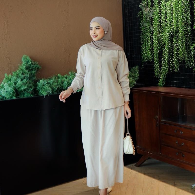 Ayana Set by Adiyana Apparel- krem Fit Nyaman Muslim Wanita Gamis Setelan Panjang Lembut Jilbab Celana 1