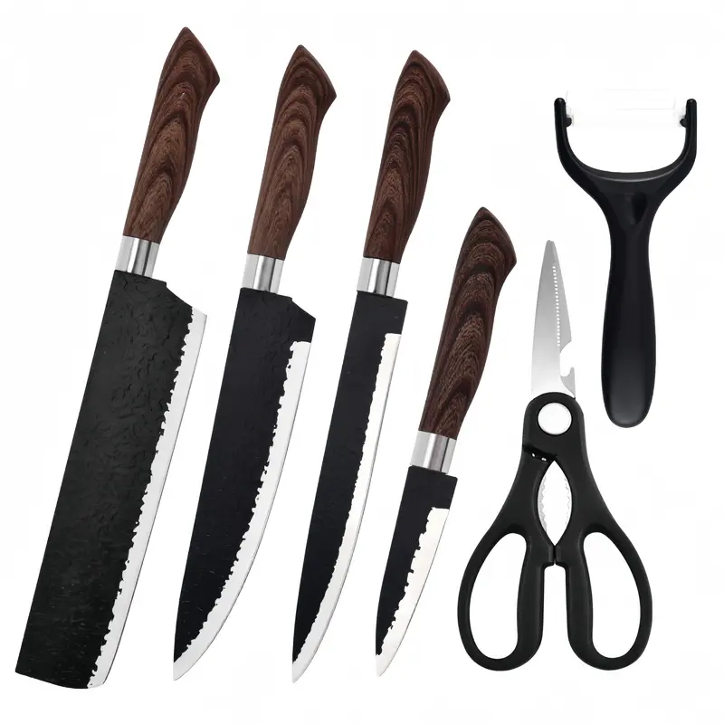 Pisau Dapur Set Tajam Kitchen Knife Set Black Knife Diamond Set 6in1 Pisau Dapur Set isi 6 pcs WoodenHolder Kitchen Knife Set Kitchenware 8