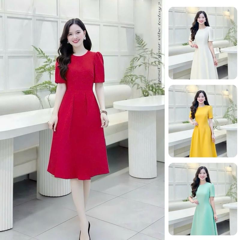  Đầm váy nữ thiết kế Nhật Vy cô tròn tay ngắn dáng xòe bigsize chất linen dự tiệc công sở màu trắng đen đỏ xanh vàng - D3217 