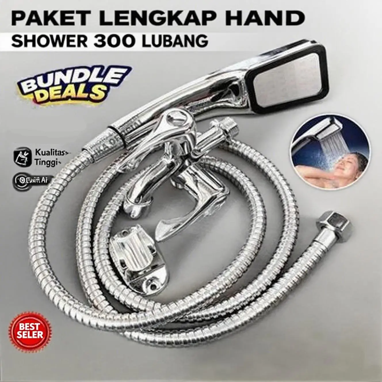 Keran Plastik + Hand Shower 300 Lubang + Selang Jet + Filter Shower   Material Plastik Kualitas Tinggi – Siap Pasang! Air Set Pvc Kran