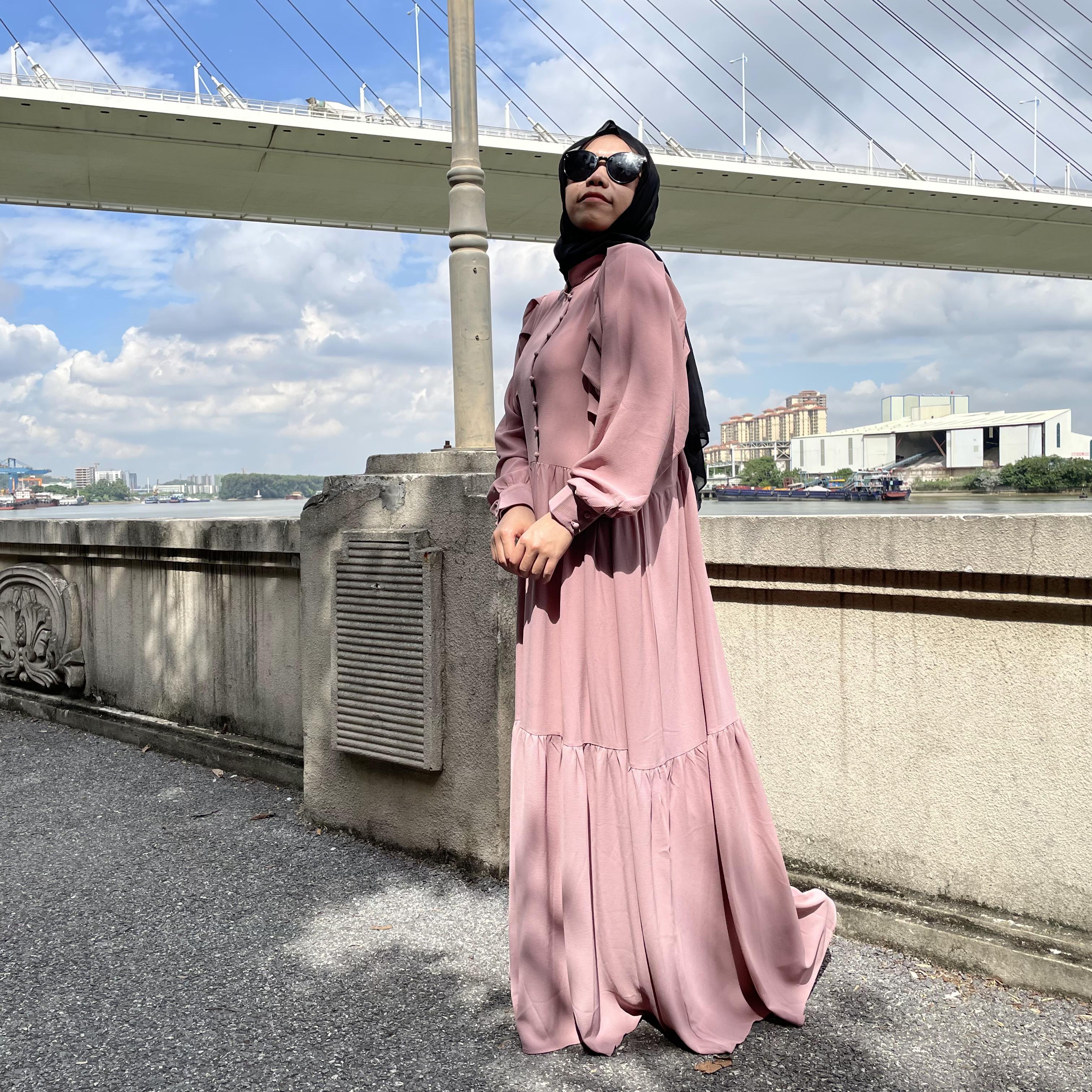 6633# Bubble Chiffon Fabric Pleated Dress - CHAOMENG MUSLIM SHOP