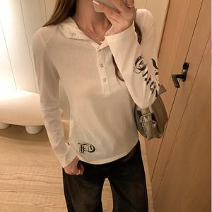 Sexy Letter Print Hooded Long Sleeve T-Shirt for Women, Fall New Button Slim Fit Design, Casual Fashion Top, Ladies Clothing 3601# Womenswear Fitted Pullover