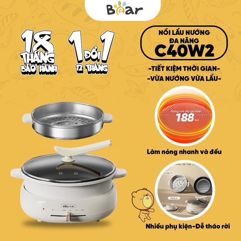 [HBT x Bear] [Kèm khay hấp] Nồi Lẩu Nướng đa năng Bear DHG-C40W2