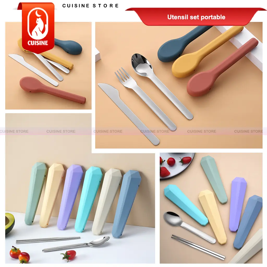 Isi 3 Pcs Sendok Garpu Set Stainless alat SUS 304 dengan silikon case 1set alat makan