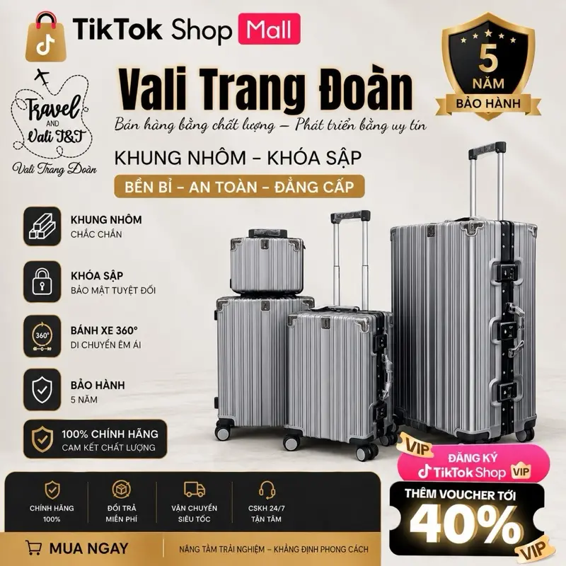 Vali Trang Đoàn TĐ93 Khung Nhôm -2 Khoá Kín,Có Ngăn Chống Nước, Size 24 có 2 khoá, Size 28 Chỉ Có 1 ngăn kín Kèm Dây Đai tăng tối đa diện tích lưu trữ. BH 5 Năm. Nhựa PC Cao Cấp, Bánh Xe Xoay 360° Siêu Êm -TĐ93