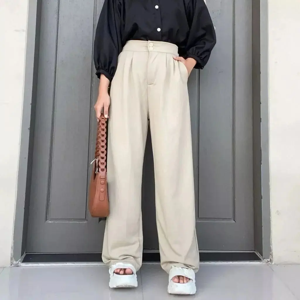 ￼Jennie Knit Pants Celana Kulot Highwaist Knit Kancing Wanita Panjang