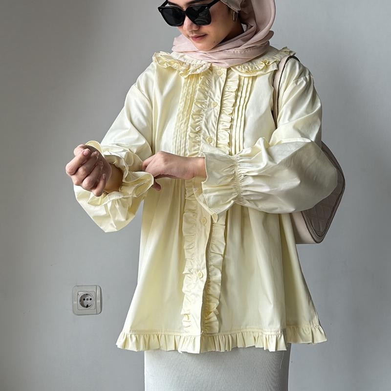 LEONIE POPLIN BLOUSE Atasan Baju Panjang Katun Lembut Oversize Wanita Motif Ruffle 4