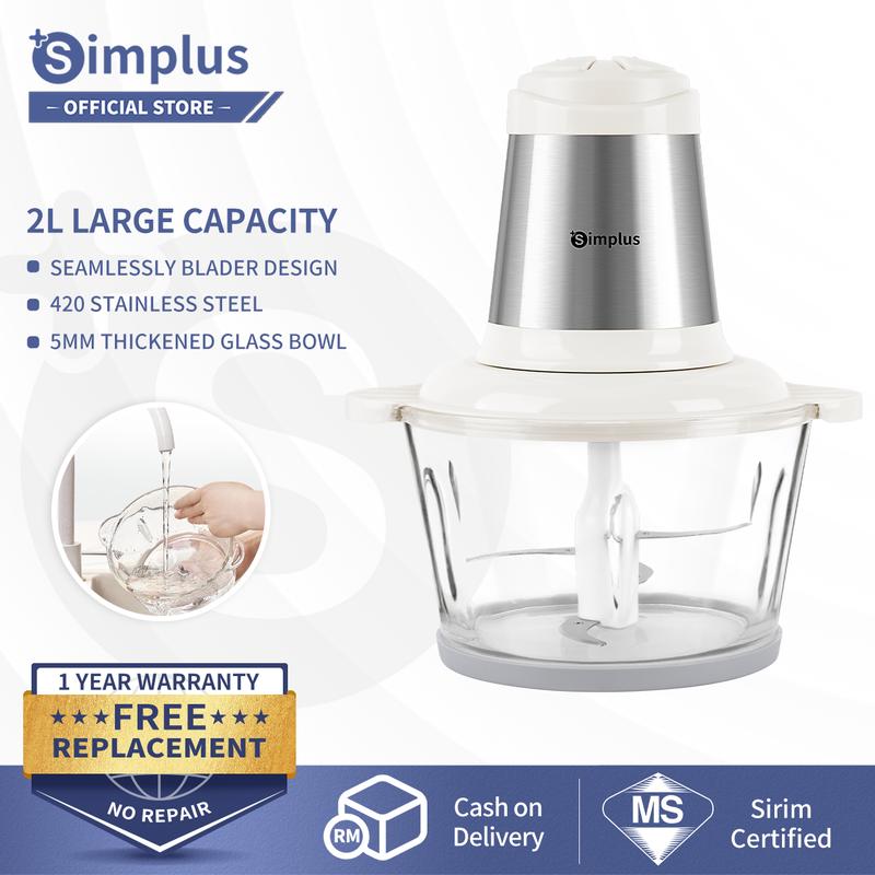Simplus Stainless Steel Meat Grinder Food Processor (2L/300W) 4 Cutting Blades Glass Bowl Container