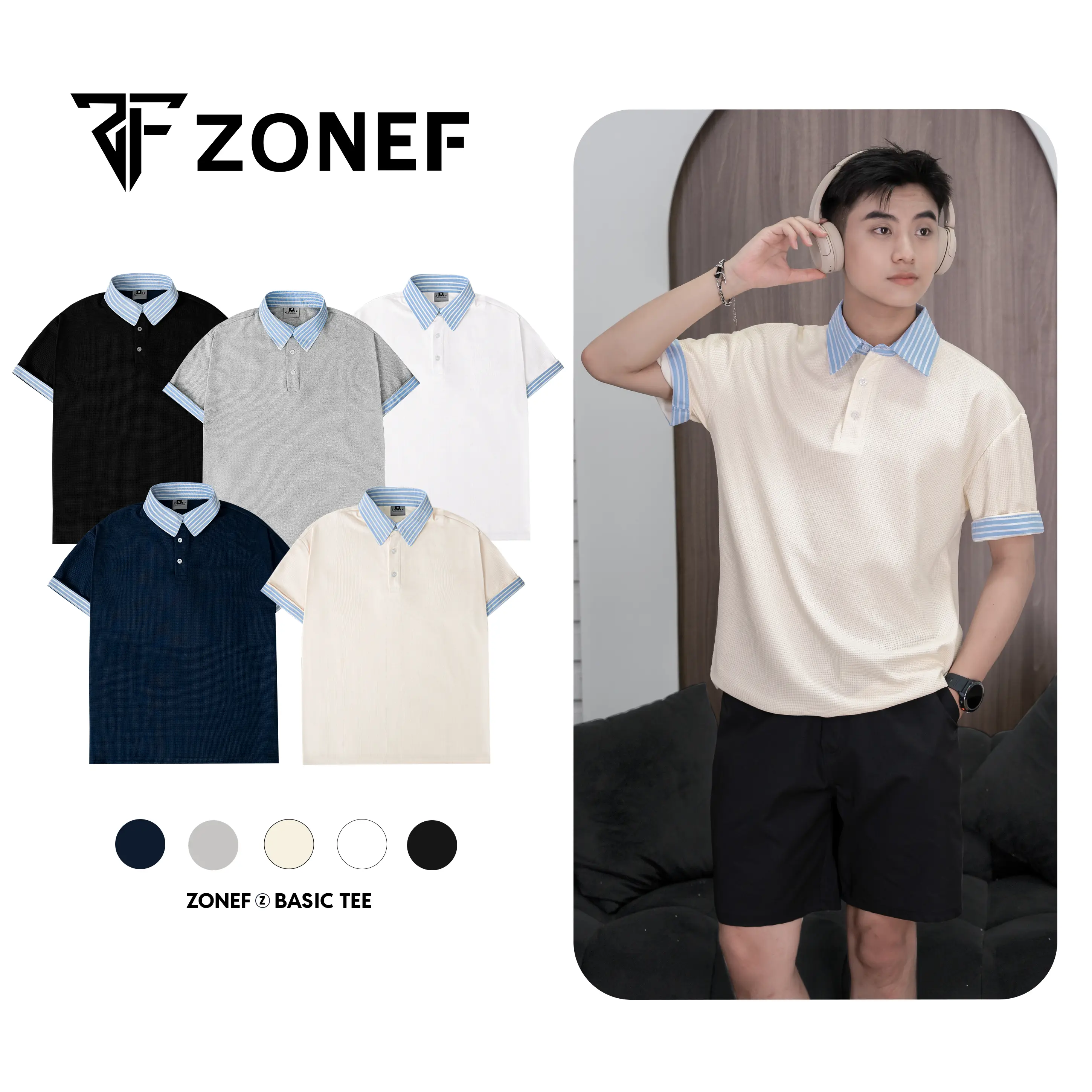 Áo Polo ngắn tay phối sơ mi kẻ sọc xanh by ZONEF, Polo cổ bẻ nam nữ Unisex, vải Cotton tổ ong cao cấp thoáng mát năng động