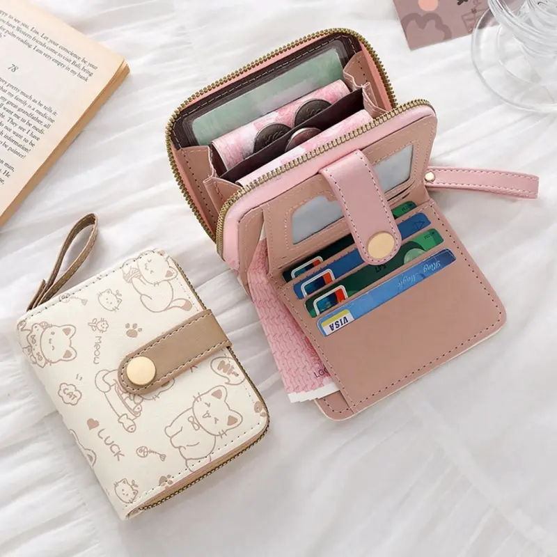 Dompet wanita resleting karakter cat kucing kartun Dompet pendek kancing bahan kulit PU import jepang estetik Dompet lipat untuk kartu koin uang fashion Wallet leather double fold cantik korean style terbaru anti air Kado hadiah gift 5
