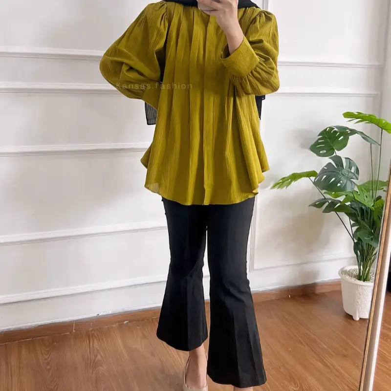 Amera Blouse Kemeja wanita Bahan Polo Linen Casual Lengan Panjang Polos 0