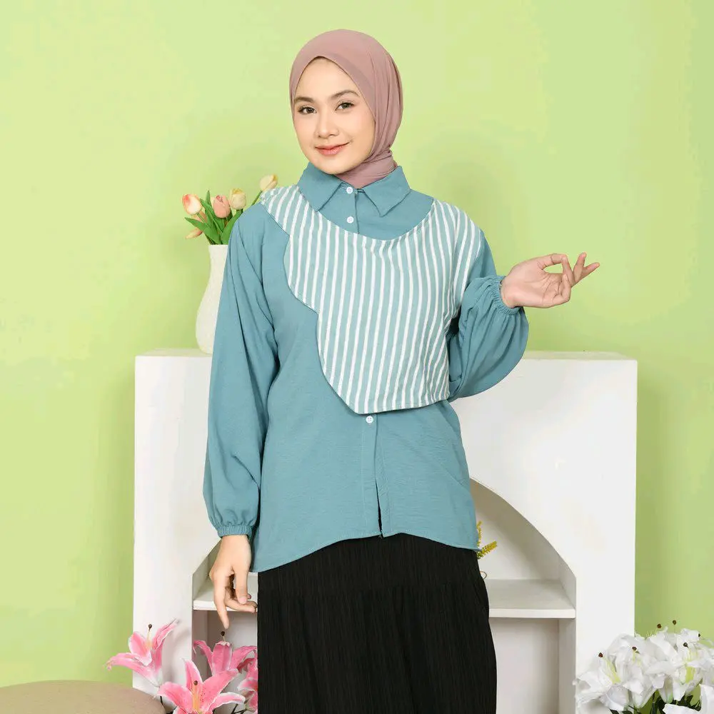 Gladys layer stripe baju kemeja vest wanita set