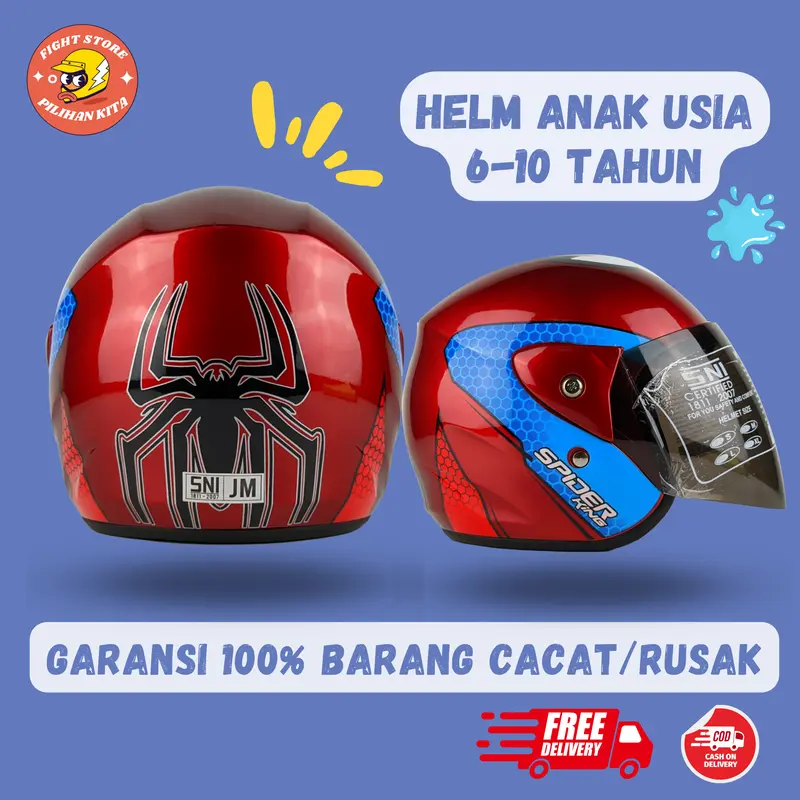 Helm Anak Junior SNI Original JM Motif Spiderman Usia 3-7 Tahun - Motorcycle, Half Face, Smoke Visor 0