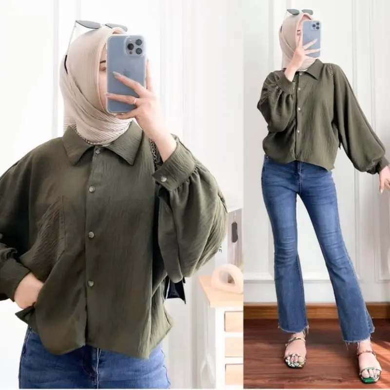 ￼Atasan Blouse Wanita Crop Beatwing Lengan Panjang Kerah Kemeja AirFlow atasan kemeja wanita 2