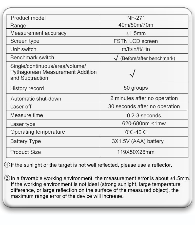 Product Introduction of Noyafa Nf-271 Laser Distance Meter 50/70M Electronic Roulette Digital Rangefinder Metro Range Finder Measuring Tape Tools 9