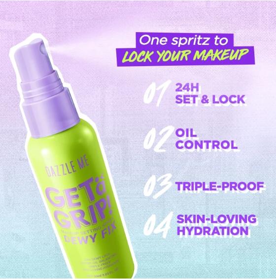 Dazzle Me Get a Grip! Makeup Setting Spray Dewy Fix Tahan Lama 24 Jam Melembabkan untuk Semua Tipe Kulit dengan 4x Hydrating Formula & Primer Air Ringan Dazzle Me Get a Grip! Makeup Setting Spray Dewy Fix Tahan Lama 24 Jam Melembabkan untuk Semua Tipe Kulit dengan 4x Hydrating Formula & Primer Air Ringan