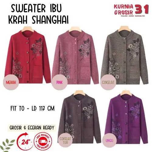 Sweater Ibu Krah Shanghai Krah Daun Motif Bunga / Baju Hangat Wanita / Pakaian Casual Rajut Halus Kancing Kerah Berkualitas 2