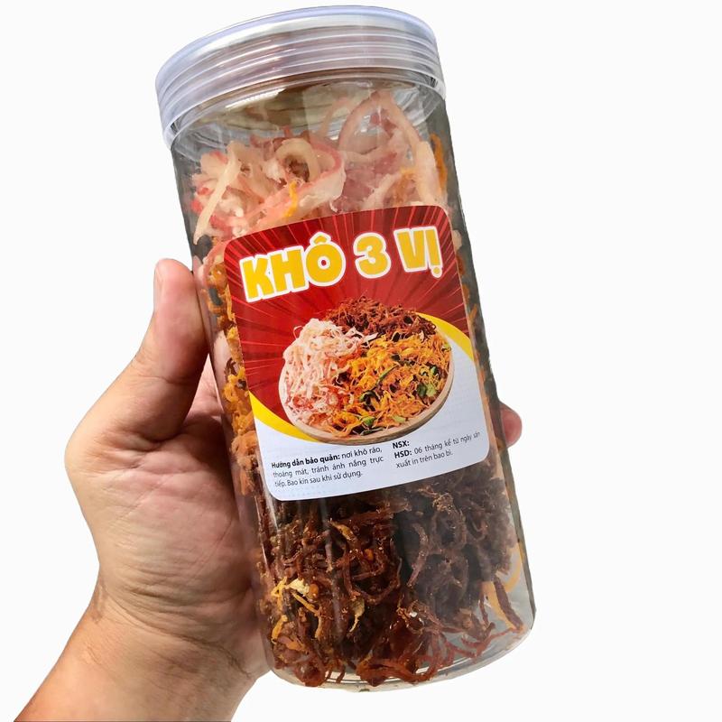 1 HỘP KHÔ 3 Vị 300GR: KHÔ GÀ + KHÔ HEO + MỰC SỢI HẤP DỪA Snack Chua Ăn Vặt Food khô galachanh