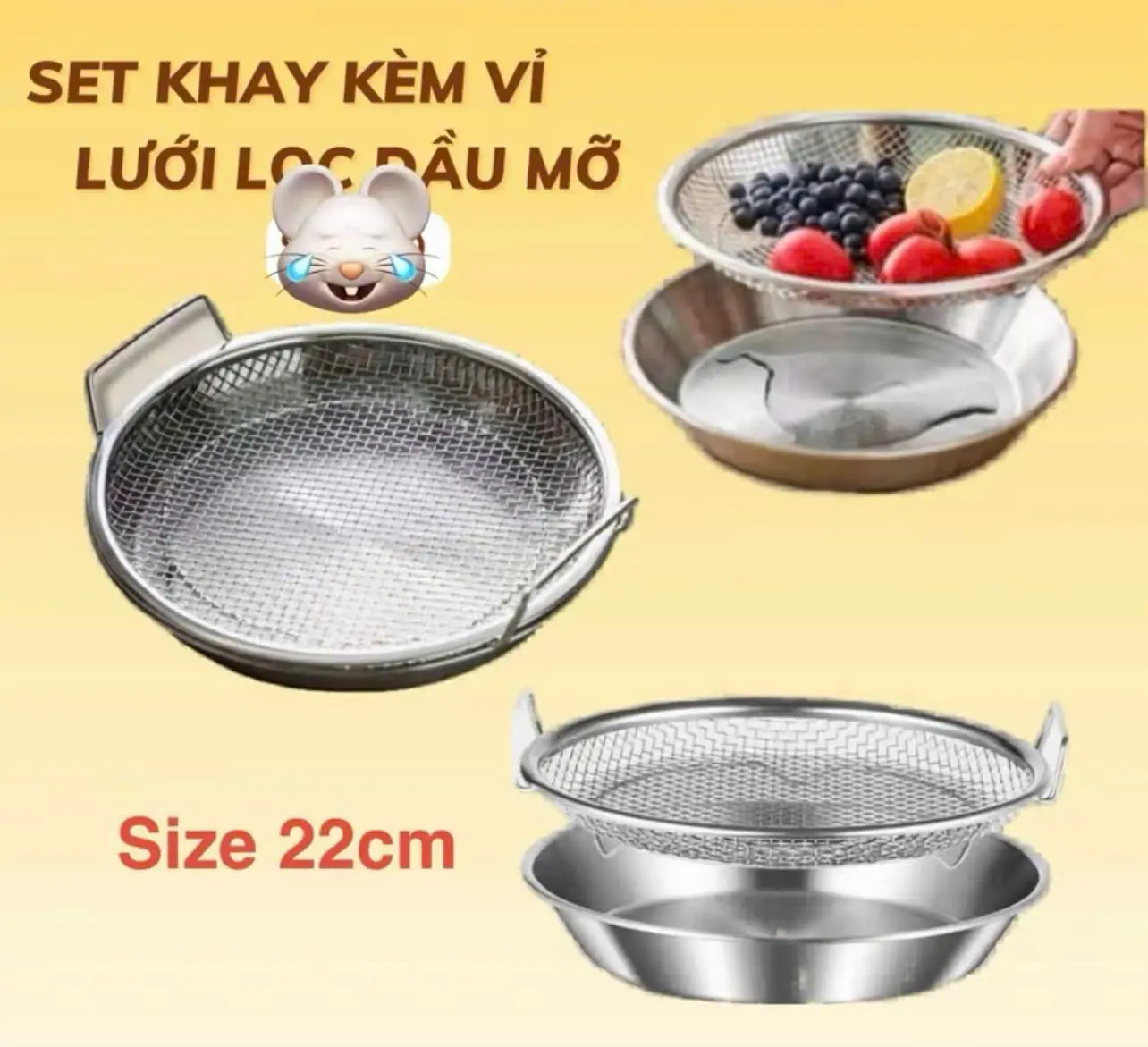 Sét khay đĩa tặng kèm vỉ lưới 22cm lọc đầu chất lượng inox cao cấp, khay lọc chiên dán đa năng 22cm.