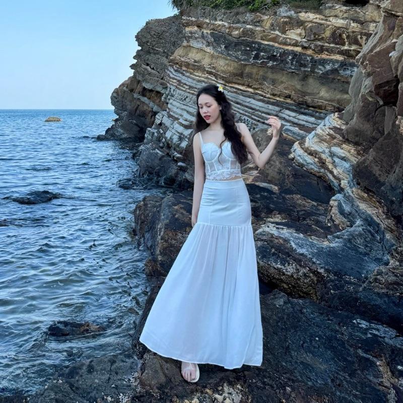 Chân váy dáng dài mixi đi biển xoè nhẹ phối đuôi lưới PhưnClothing ( có 2 chiều dài 92cm - 97cm )