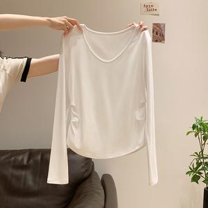 Long Sleeve V Neck Slim Fit T-Shirt for Women, Spring & Fall Casual Wear, Ruched Waist Design, Inner Layer Top  7597# Womenswear Basic Minimalist Vneck