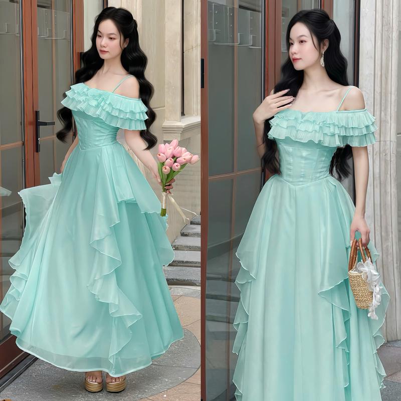 Đầm đi tiệc nữ thiết kế EMME V2087 trễ vai bèo xếp ly có đây có mút voan ánh kim dáng dài bèo công chúa top váy nữ - THANH TỰ