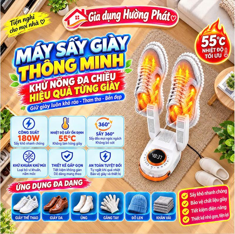 Máy Sấy Giày Điện Gấp Gọn, Sấy Bằng Công Nghệ Tia Cực Tím Cao Cấp, Máy Sấy Đa Năng Khử Mùi Xoay 360 Độ Có Hiện Thị Nhiệt Độ, Vận Hành Êm Ái, Dùng Cho Mọi Loại Giày.