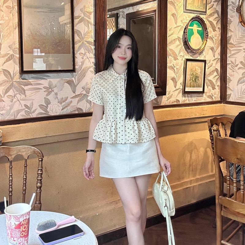 Áo sơ mi babydoll nữ chấm bi phối viền ren trẻ trung LAMO - B1462