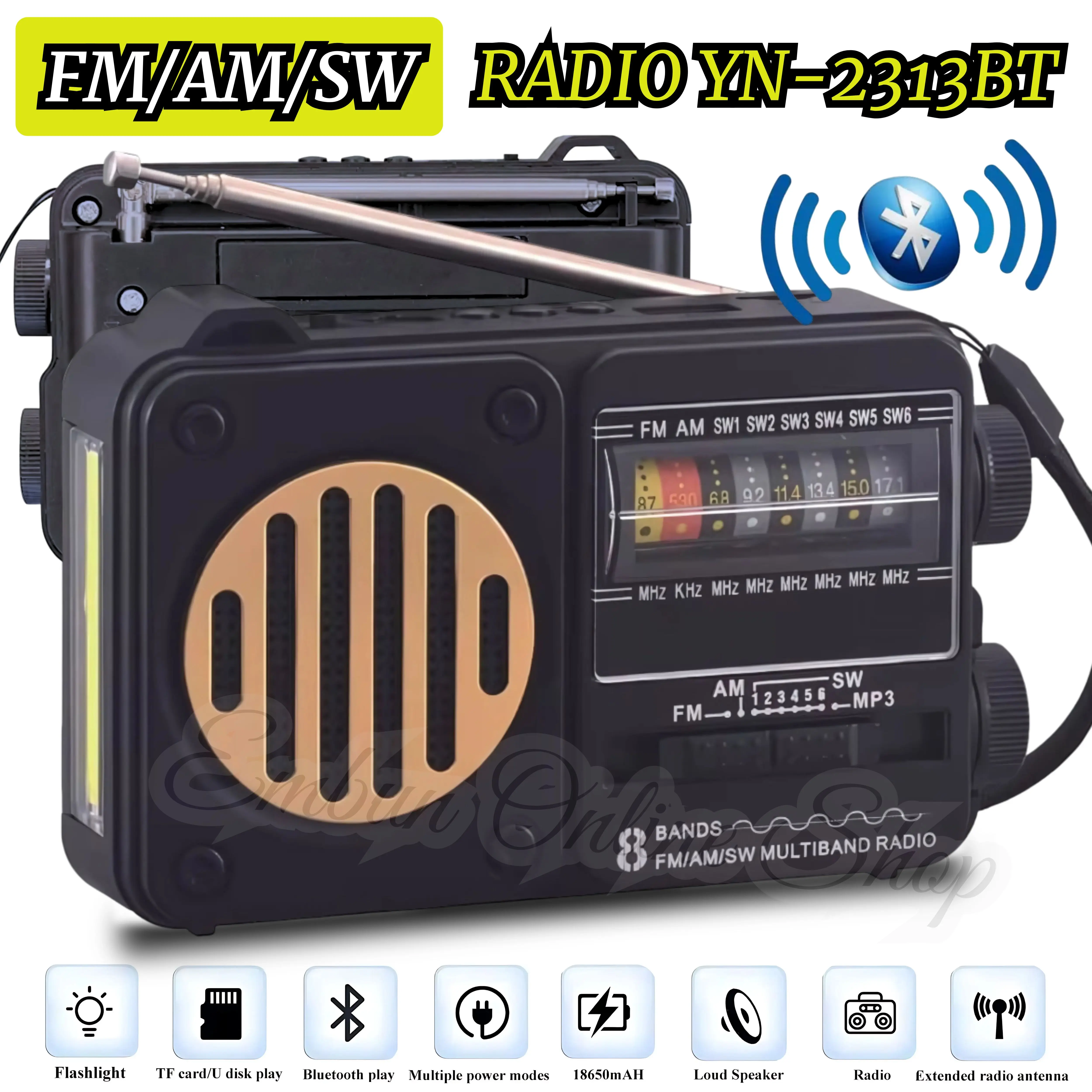 TERLARIS~Radio Internasional YN-2313BT FM/AM/SW Portable Radio Bisa digunakan Untuk Speaker Bluetooth Dan Senter Radio Retro Portable 8 Band