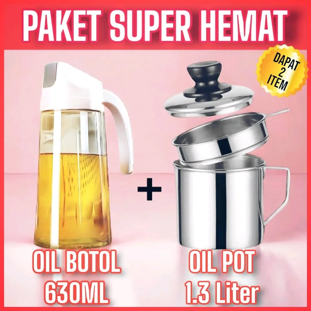 PAKET SUPER HEMAT OIL POT STAINLESS STEEL 1.3 Liter + OIL BOTTLE 630ml OILPOT SERBAGUNA WADAH MINYAK BOTOL MINYAK SIMPEL UNTUK DAPUR DAN KITCHENWARE